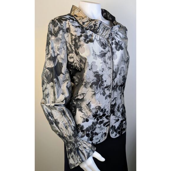 NEW Ellen Tracy Blazer 16 Black Gray Floral Ruffled Dressy Evening Cottagecore - Picture 2 of 12